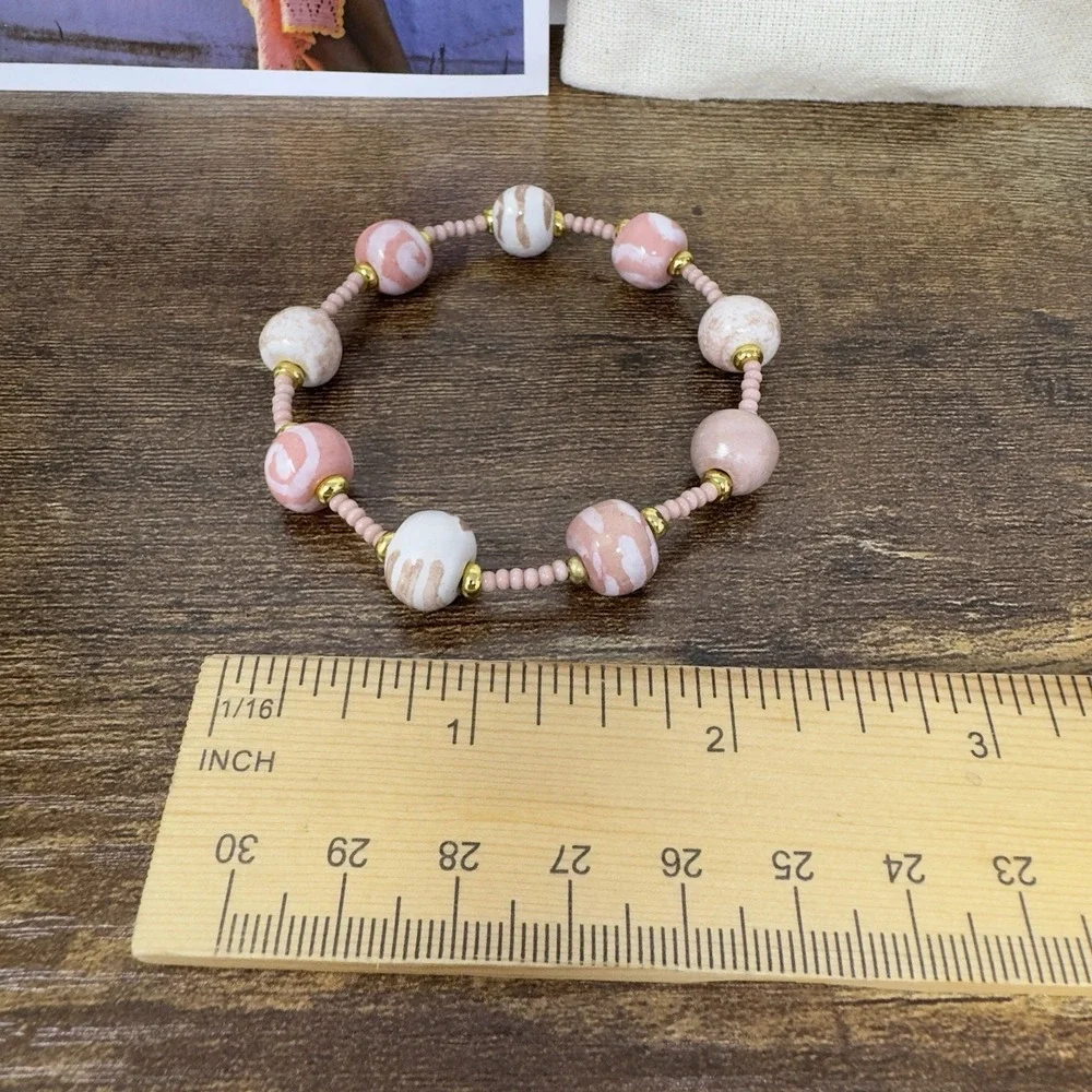 Kazuri Pink‎ Clay Hand Painted Beaded Bracelet Hand Made in Kenya Elastic